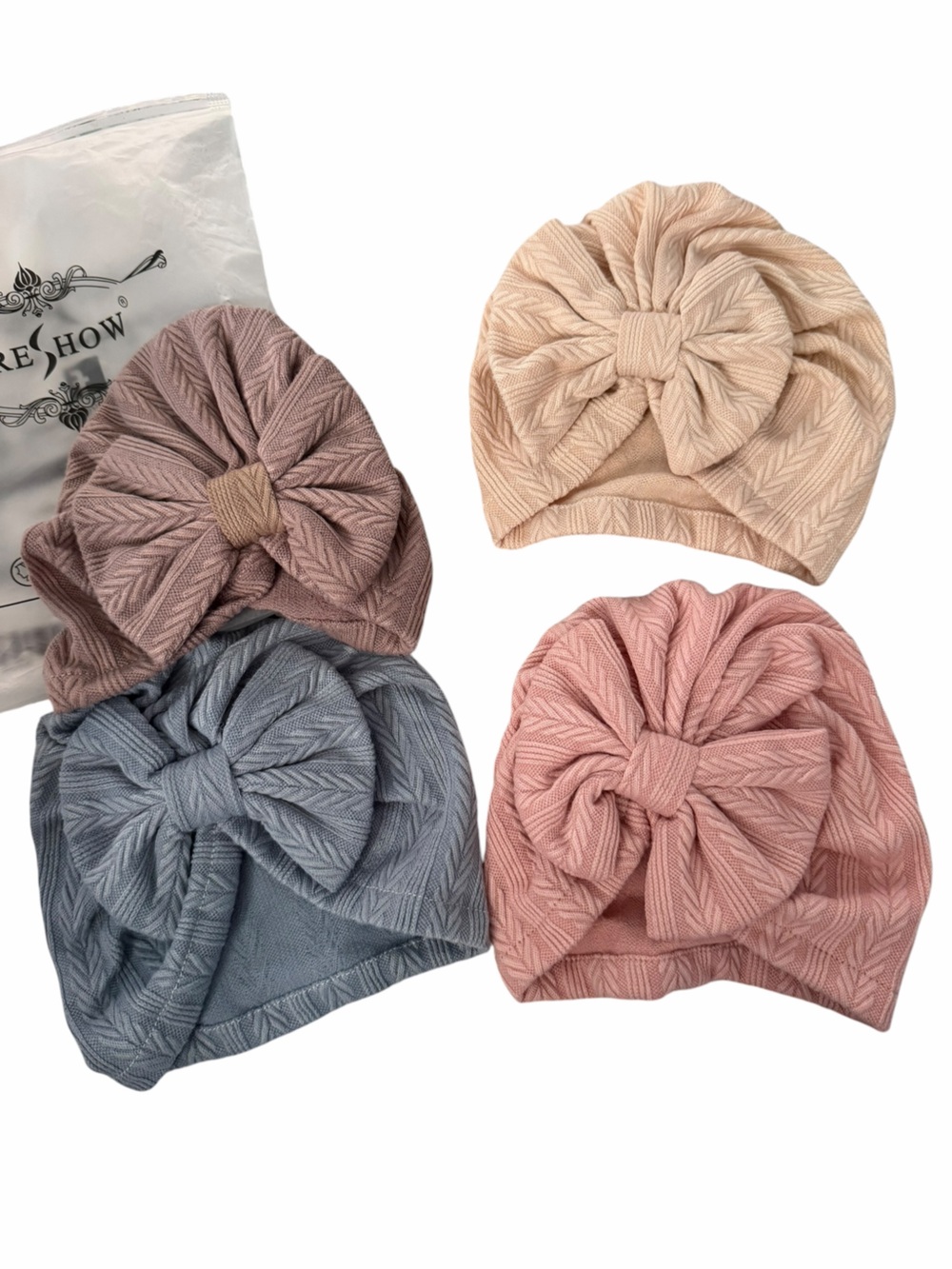 Newborn Girls Knit Bow Turban Hat - Pink, Blue, Mauve, Beige